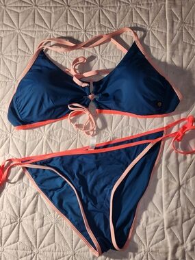 Aqua Blue Bikini Set with Light Pink & Neon Coral Trim